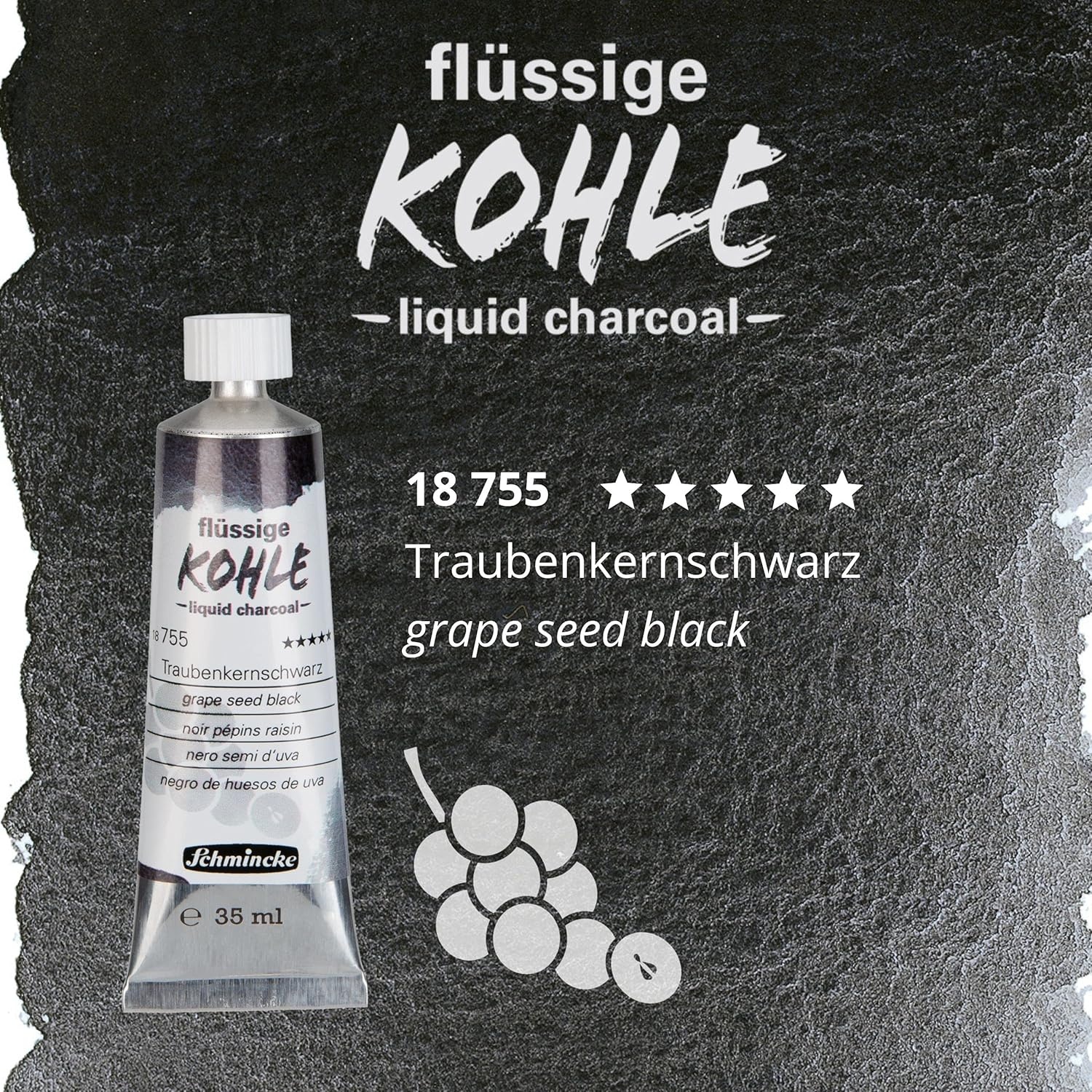 Schmincke – Liquid Charcoal, Cherry Pit Black, 35 ml, 18 756 009, for charcoal painting, charcoal drawing and underpainting, vegan(Grape seed black)
