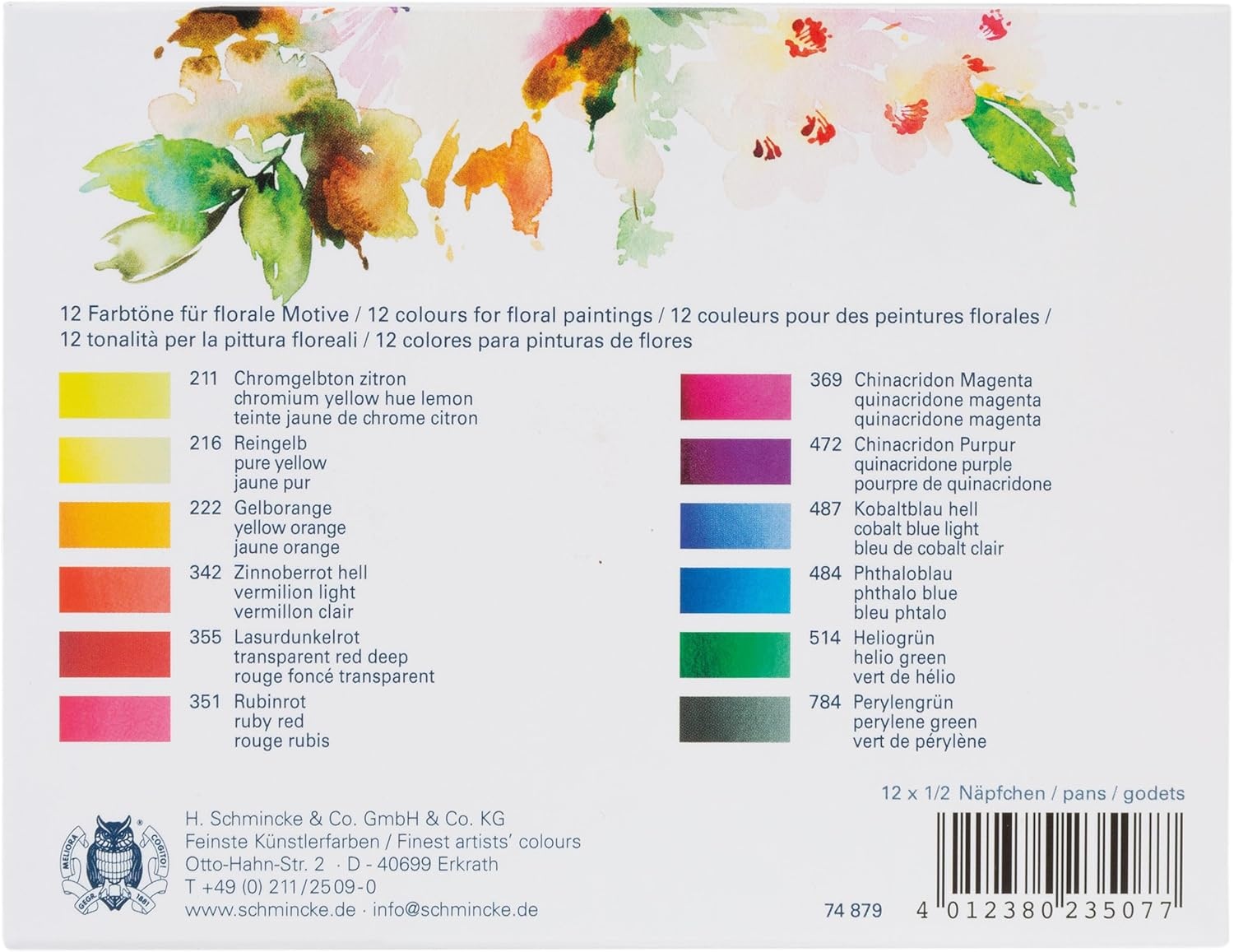 Schmincke – HORADAM® AQUARELL, Floral set, 12 x 1/2 pans, 74 879 097, metal box, painting set, finest watercolors