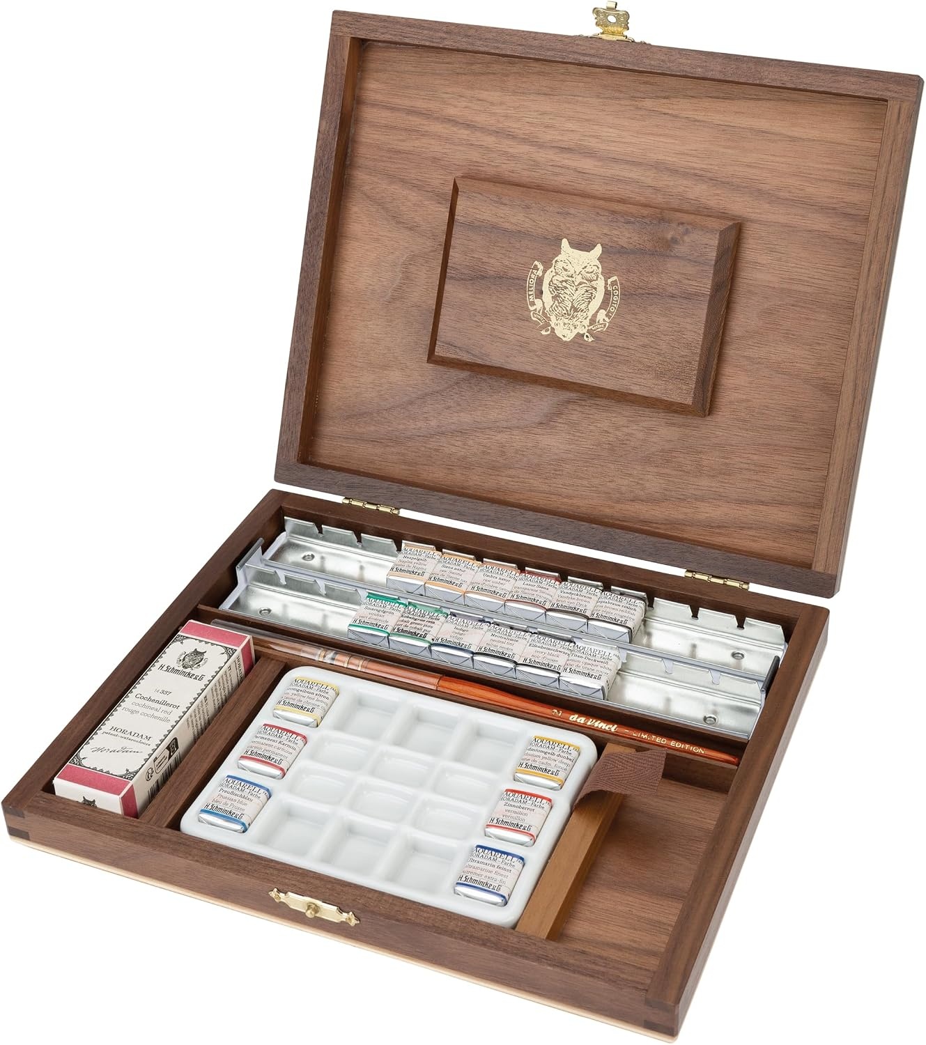 Schmincke – HORADAM® AQUARELL luxury wooden box of the RETRO Line with 19 finest watercolours, 74650097, 18 x 1/2 cups + cochineal red in 15 ml, porcelain palette, brushes(18 Count (Pack of 1))